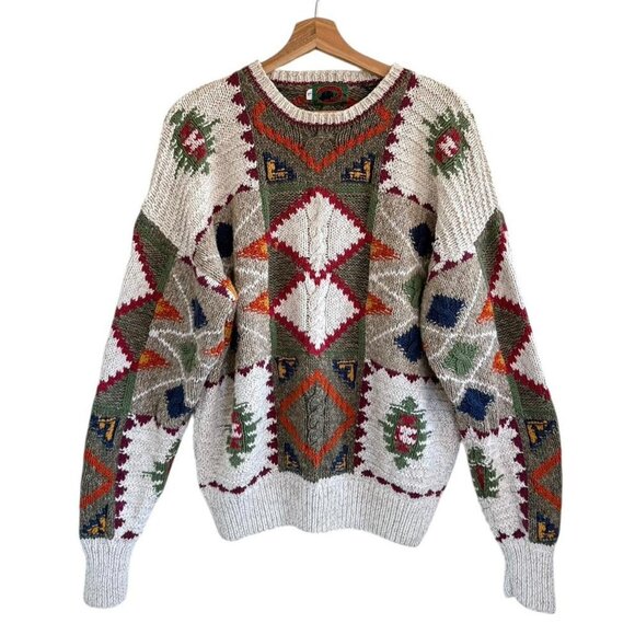 BOSTON TRADERS MULTICOLORED VINTAGE 90S KNIT RETRO SWEATER WOMENS LARGE - Picture 1 of 8